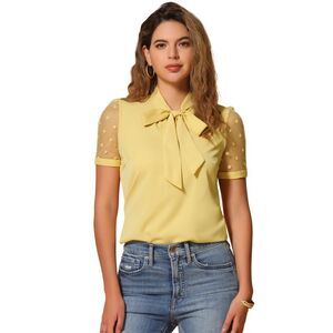 Bow Tie V Neck Stand Collar Short Mesh Sleeve Blouse Yellow